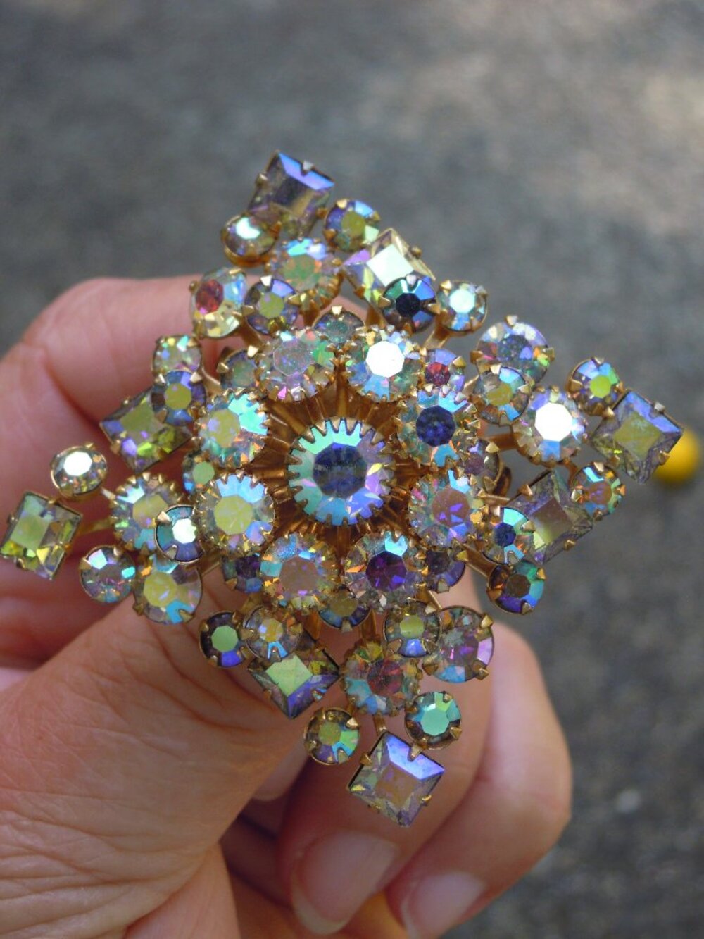 Vintage Multi-tiered Dome Pink / Blue AB Rhinestone Square Brooch Pin